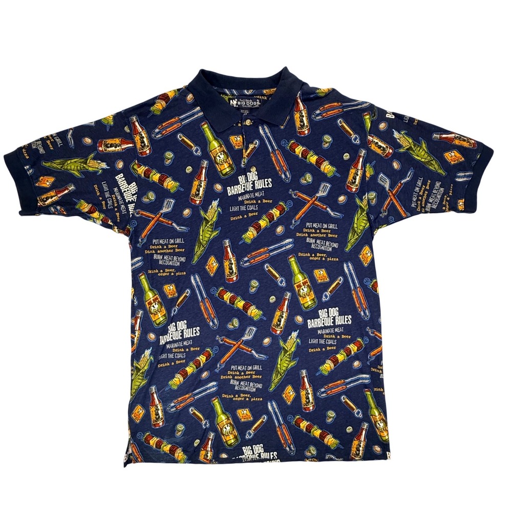 Big Dogs Barbeque Rules Polo Shirt Mens Large Navy Blue All Over Print BBQ Beer